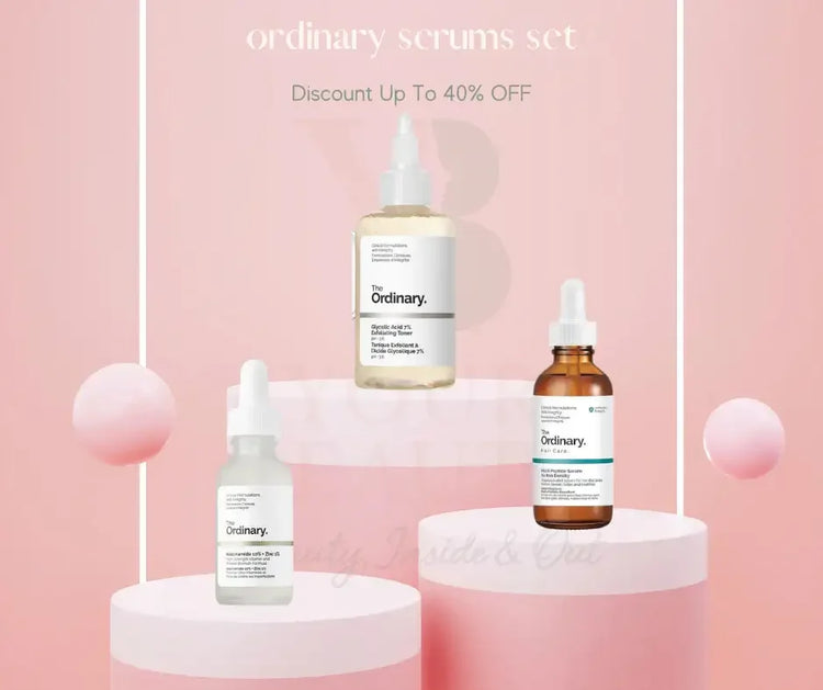 The Ordinary serums set displayed on pink podiums, skincare products with discount offer.