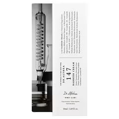 Close-up of skincare product packaging with scientific glassware and text label, minimalist style