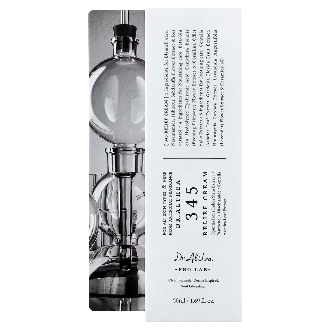 Dr. Althea 345 Relief Cream skincare product box with ingredient list and scientific glassware.