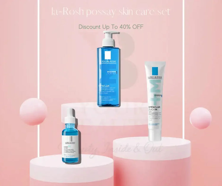 La Roche-Posay skincare set with cleanser, serum, and cream on pink podiums, up to 40% off