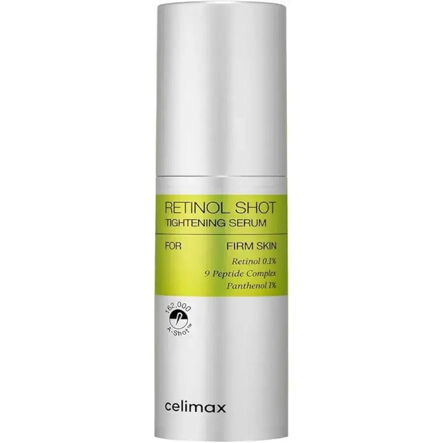 Celimax Retinol Shot tightening serum bottle with a yellow background