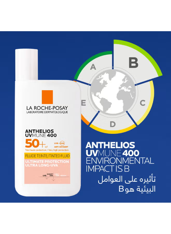 La Roche-Posay Anthelios UVMune 400 SPF 50+ tinted sunscreen bottle with environmental impact rating chart