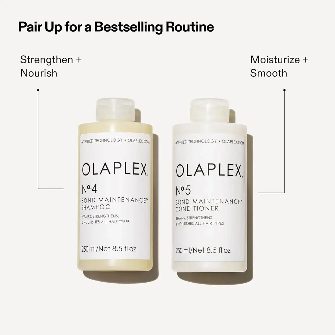 Olaplex No.4 shampoo and No.5 conditioner bottles for hair repair and nourishment