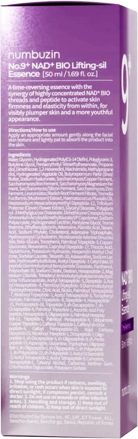 Numbuzin No.9 NAD+ BIO Lifting-sil Essence 50ml skincare box in purple, product details visible