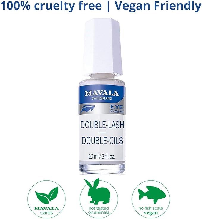 Mavala Double Lash 10 ml eyelash serum bottle with clear cap and product label, designed to enhance lash length and fullness