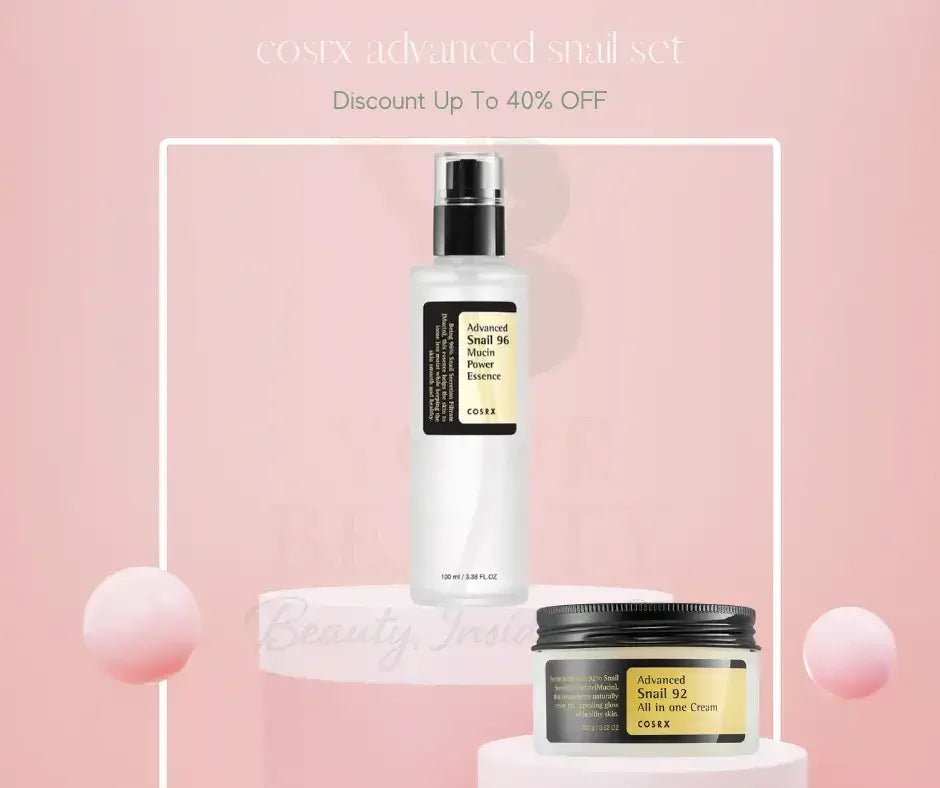 COSRX Advanced Snail 96 Mucin Power Essence and Snail 92 All in One Cream set on pink background