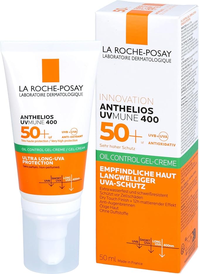 La Roche-Posay Anthelios UV Mune 400 50+ oil control gel-cream in 50 ml, with long UVA protection and fragrance-free formula.