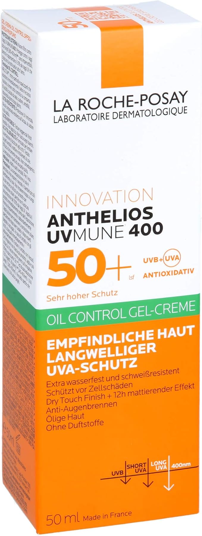 La Roche-Posay Anthelios UV Mune 400 50+ oil control gel creme with SPF 50+ and ultra-long UVA protection in a 50ml tube