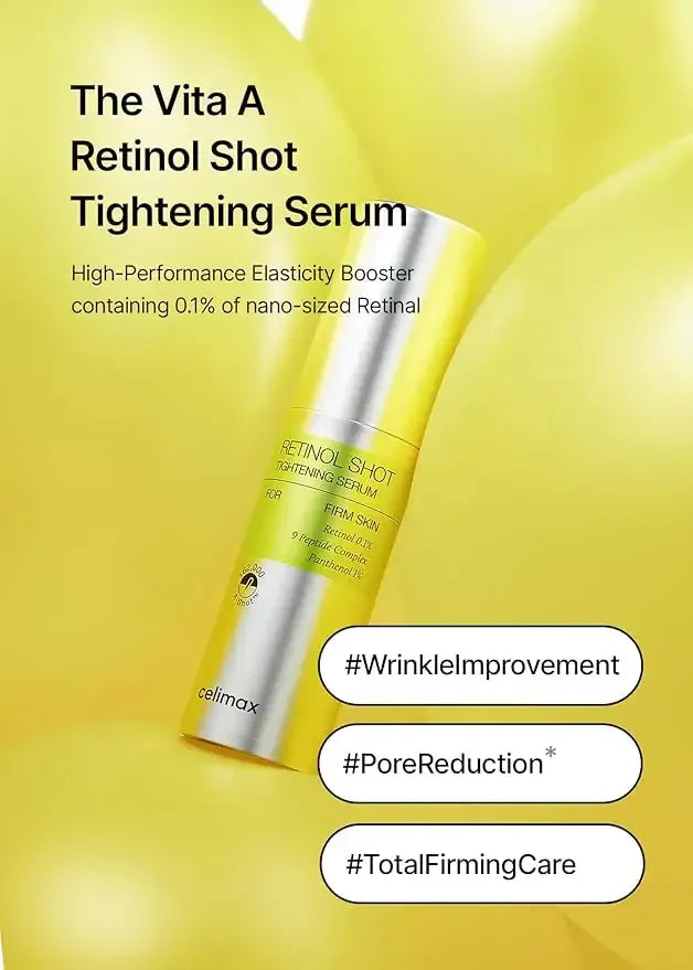 Yellow bottle of retinol shot tightening serum on a yellow background, highlighting skin care benefits.