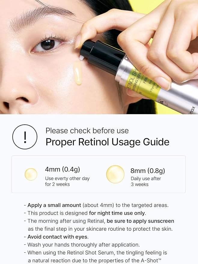 Woman applying retinol serum to face with proper usage instructions and dosage guide visible.