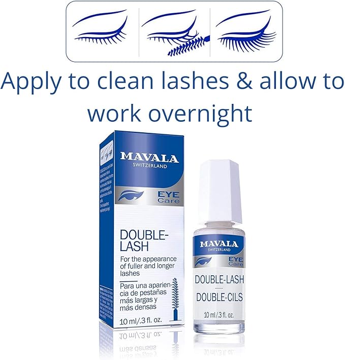 Mavala Double Lash 10 ml eyelash serum in a clear bottle with a brush applicator for lash enhancement.