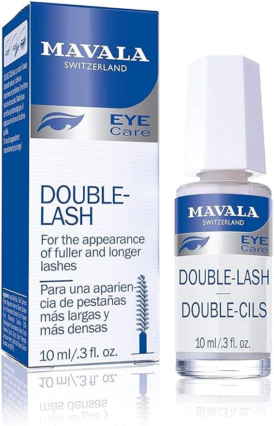 Mavala Double Lash 10 ml eyelash conditioning serum bottle with applicator brush on a white background