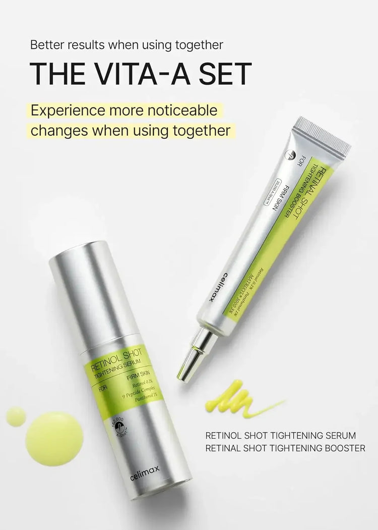 Retinol Shot Tightening Serum and Retinal Shot Tightening Booster skincare set, silver and green packaging on white background