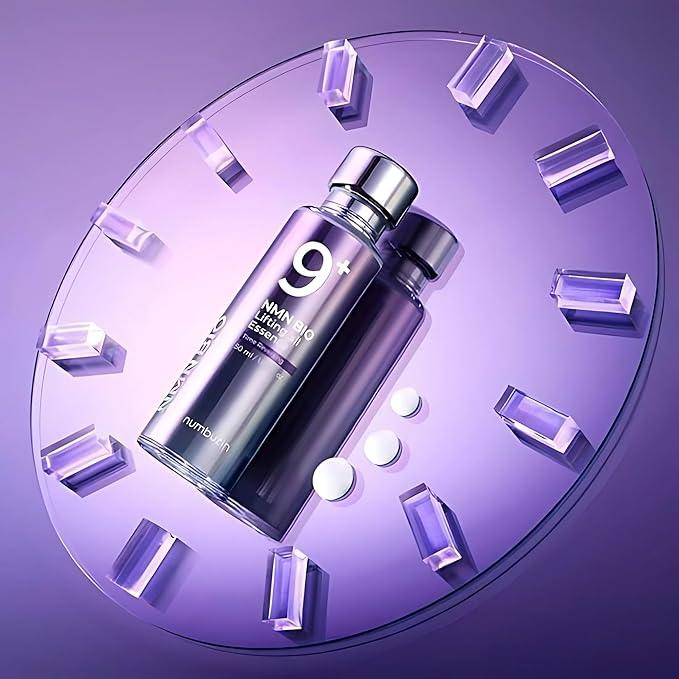 Purple serum bottles labeled 9+ NMN Bio Lifting Essence with circular abstract background.