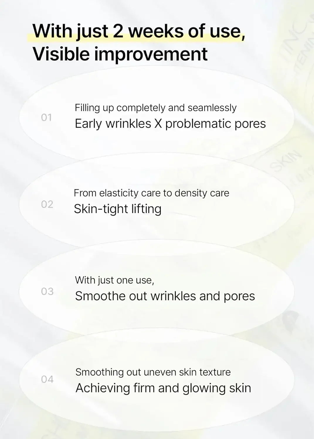 Skincare product benefits list: reduces wrinkles, improves pores, firms and brightens skin in 2 weeks.