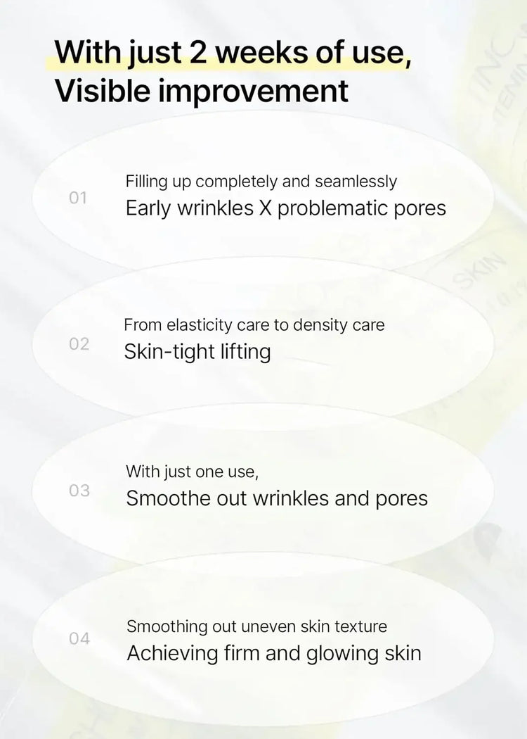 Skincare product benefits list: reduces wrinkles, improves pores, firms and brightens skin in 2 weeks.