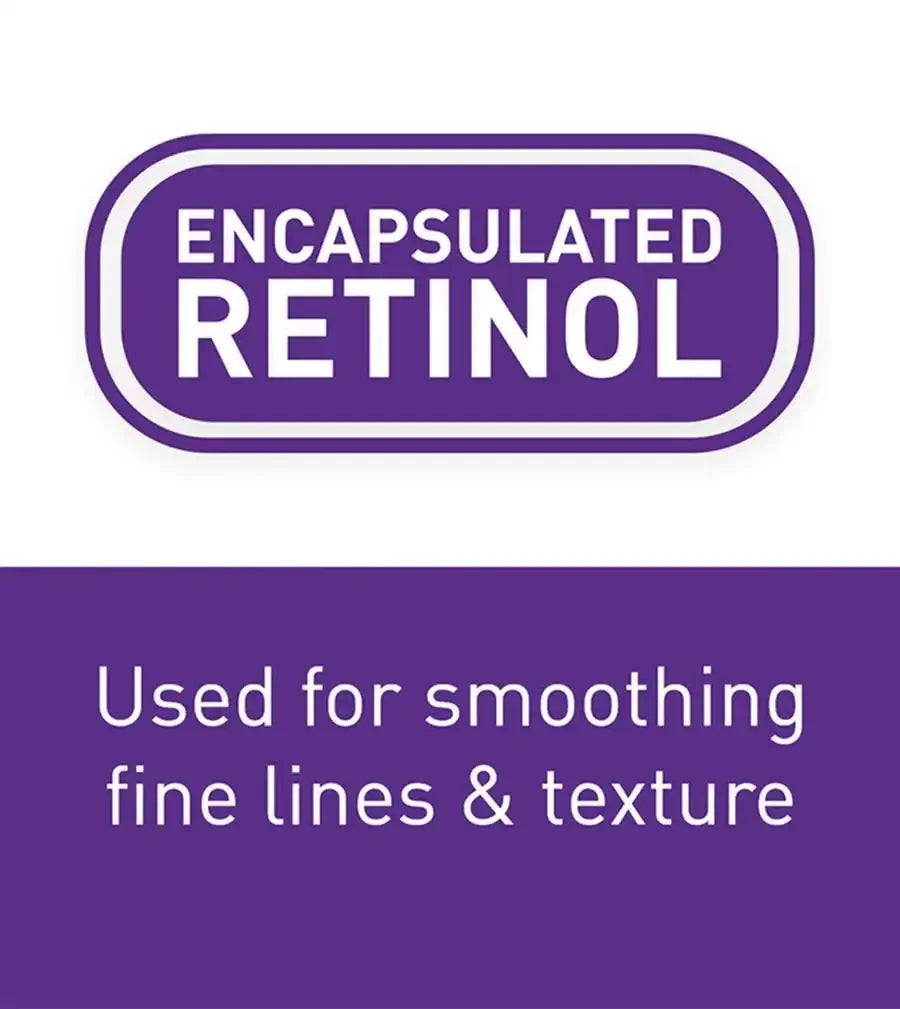 Encapsulated retinol skincare benefit sign, smoothing fine lines and texture, purple white design