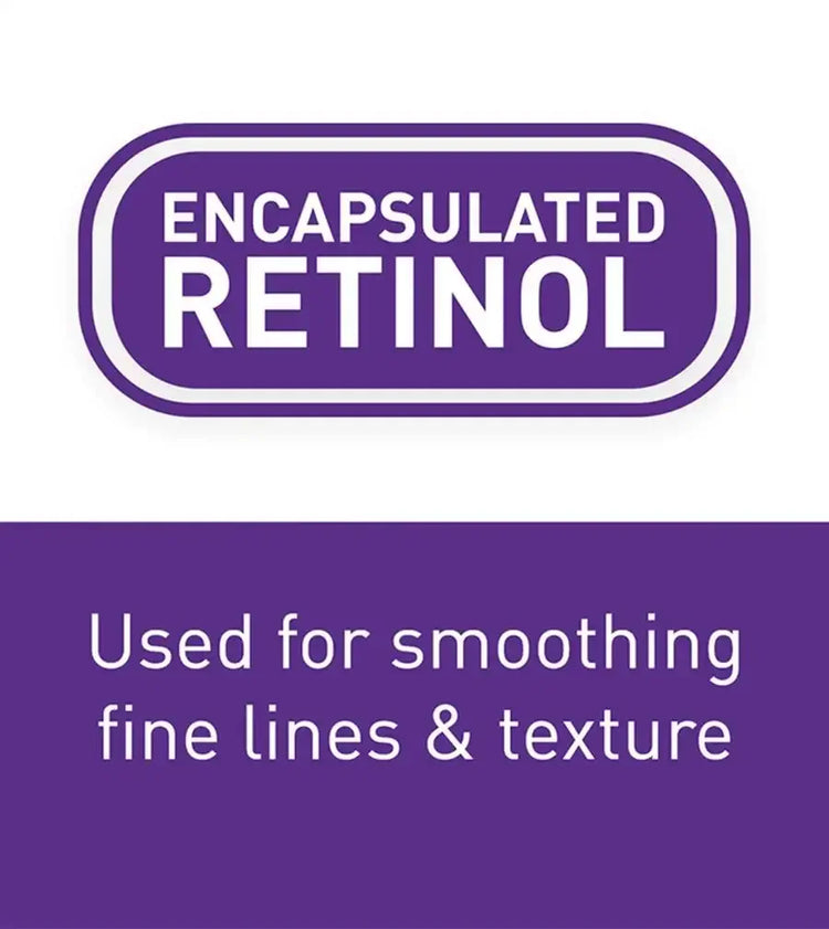 Encapsulated retinol skincare benefit sign, smoothing fine lines and texture, purple white design