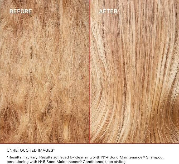 Before and after comparison of blonde hair, frizzy versus smooth and straight after treatment.