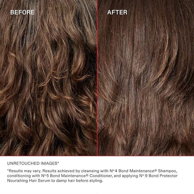 Before and after comparison of hair, showing improvement in smoothness and shine after hair treatment.