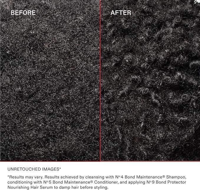 Before and after close-up of curly hair, showing improved curl definition and shine