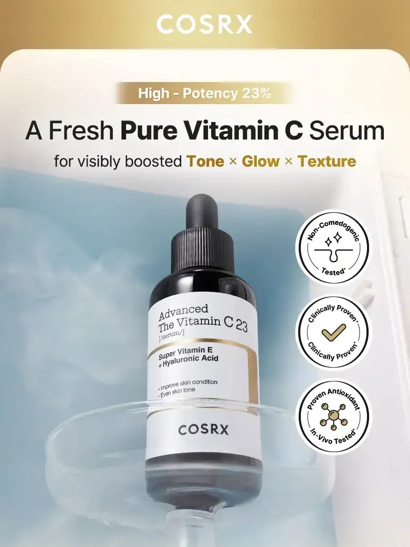 COSRX Advanced Vitamin C23 serum bottle with dropper, featured benefits and clinical claims.