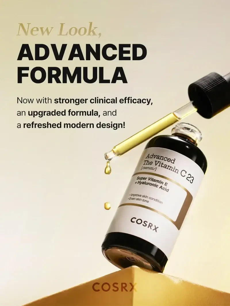 COSRX Advanced Vitamin C23 serum bottle with dropper and gold liquid, skincare product.