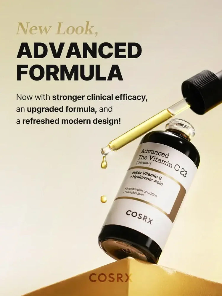 COSRX Advanced Vitamin C23 serum bottle with dropper and gold liquid, skincare product.
