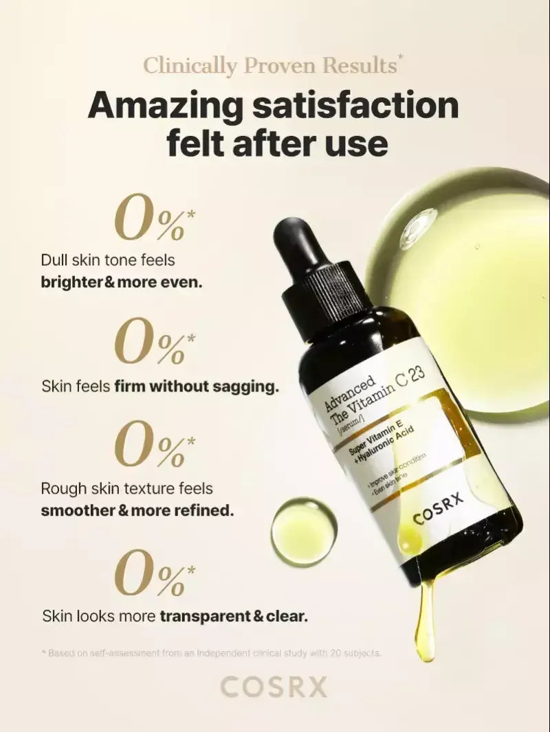 COSRX Advanced Vitamin C23 serum bottle with dropper, skincare benefits and serum drops