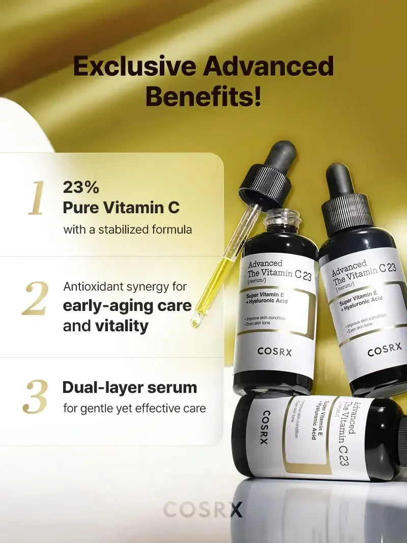 COSRX Advanced Vitamin C 23 serum bottles with dropper, highlighting skincare benefits