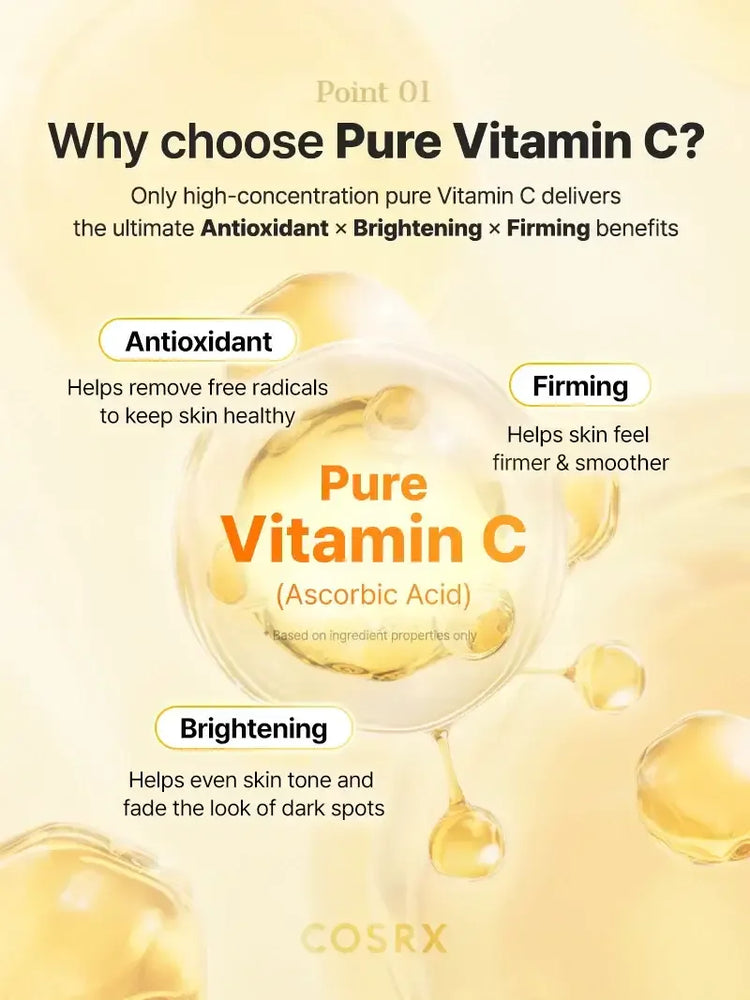 Pure Vitamin C benefits infographic with antioxidant, brightening, firming effects for skincare
