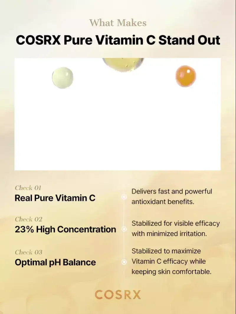COSRX Pure Vitamin C benefits infographic highlighting high concentration, antioxidant effects, optimal pH for skincare