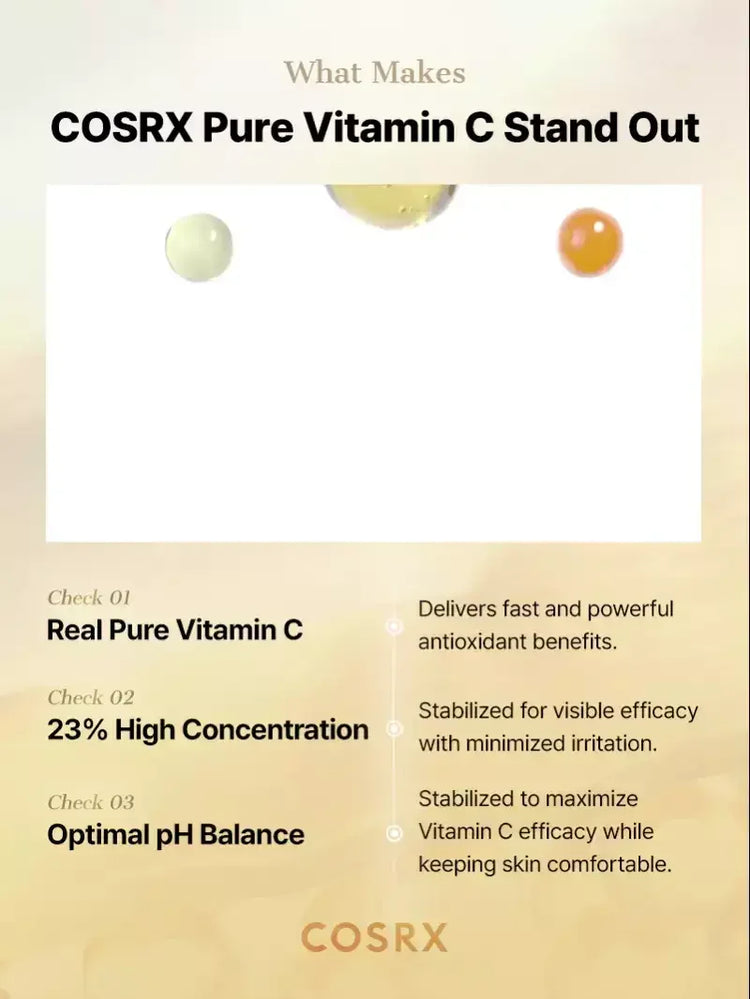 COSRX Pure Vitamin C benefits infographic highlighting high concentration, antioxidant effects, optimal pH for skincare