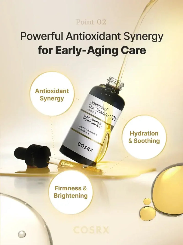 COSRX Advanced Vitamin C 23 serum bottle with dropper, promoting antioxidant synergy, hydration, and brightening benefits.
