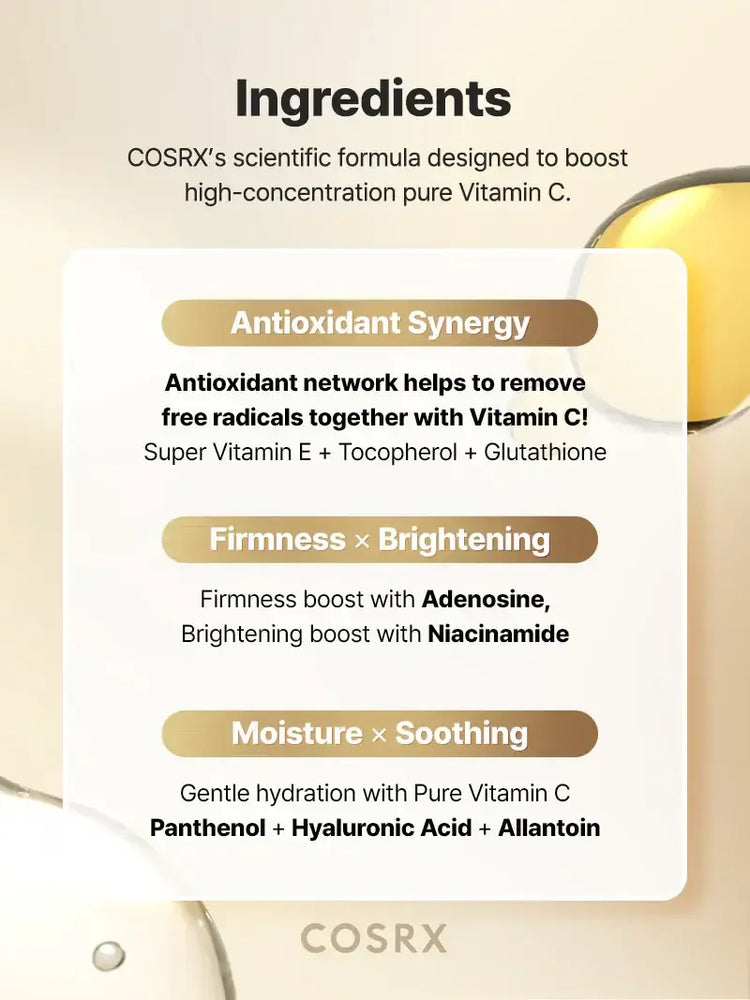 COSRX Vitamin C serum ingredients list highlighting antioxidant synergy, firmness, brightening, moisture, and soothing benefits.