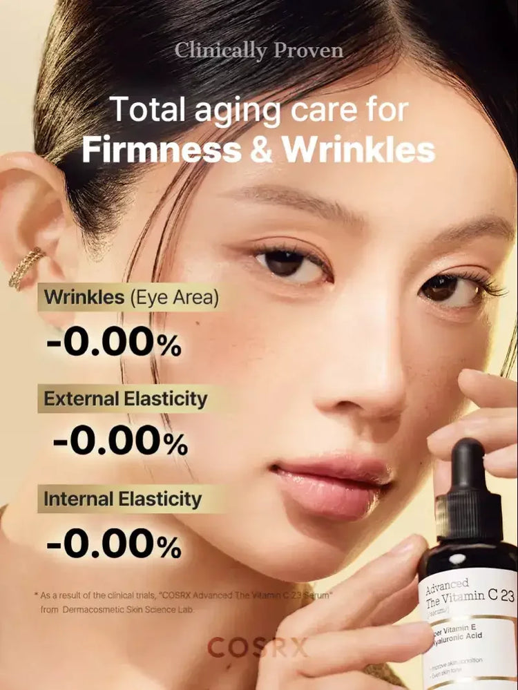 Woman holding COSRX Advanced Vitamin C 23 serum bottle, anti-aging skincare product for firmness and wrinkles.