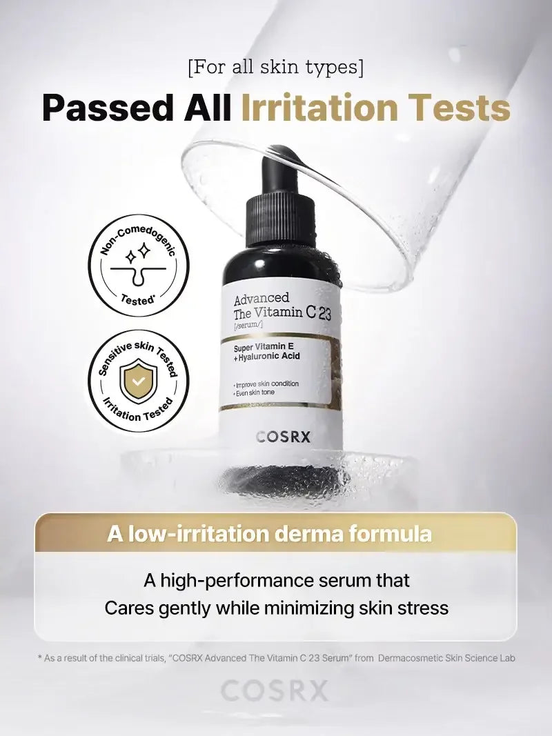 Advanced Vitamin C23 serum bottle with dropper, highlighting non-comedogenic, sensitive skin-tested formula for all skin types.