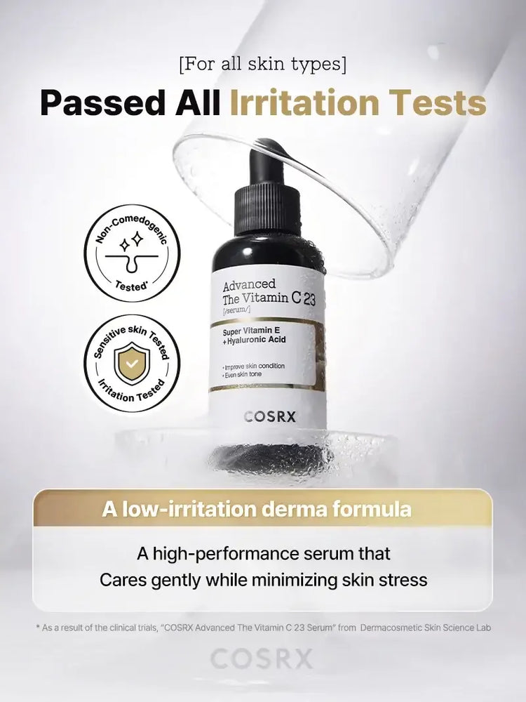 Advanced Vitamin C23 serum bottle with dropper, highlighting non-comedogenic, sensitive skin-tested formula for all skin types.