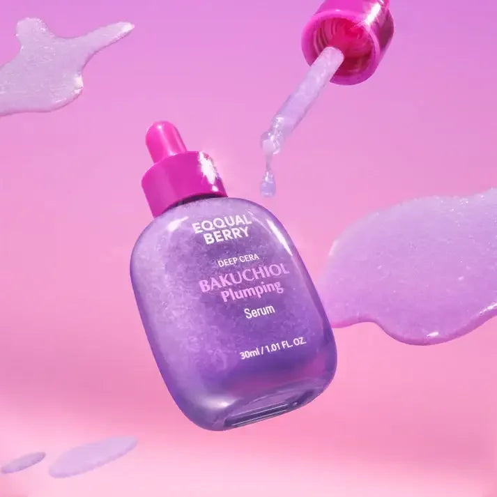 Eoqual Berry Bakuchiol Plumping serum with dropper on pink background, skincare product
