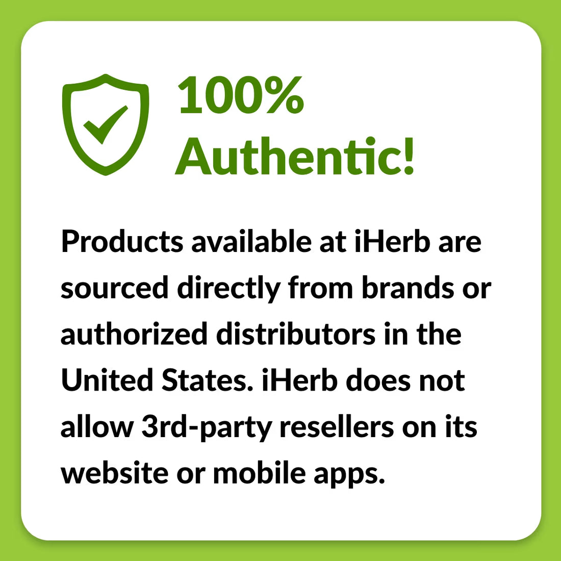 Green shield checkmark with '100% Authentic' guarantee and sourcing policy text on white background.