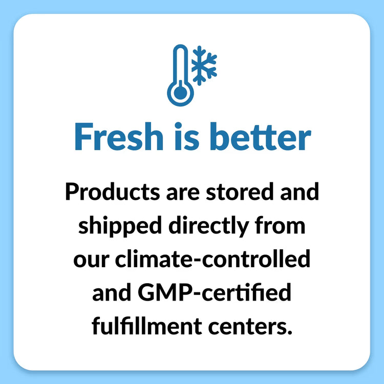 Fresh is better graphic with thermometer icon, climate-controlled GMP-certified storage message.