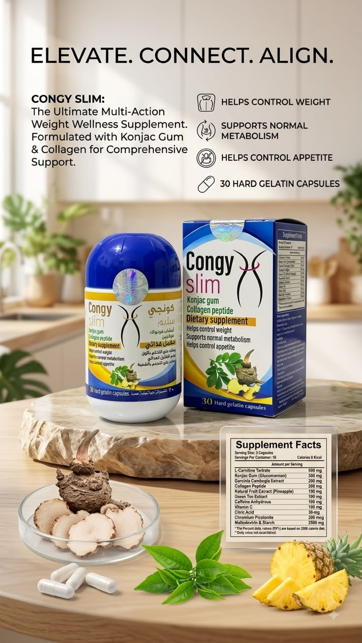 Congy Slim weight loss supplement bottle and box displayed on a wooden surface with pineapple, mint, and capsules, alongside marketing text and a supplement facts panel.