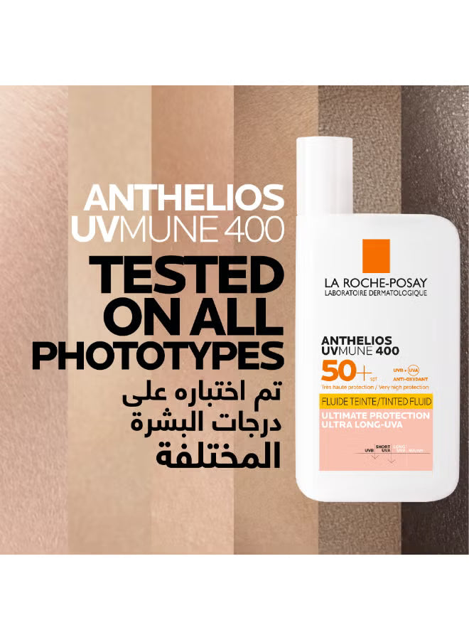 La Roche-Posay Anthelios UVMune 400 sunscreen SPF 50+ tested on all skin tones, product bottle on gradient background.