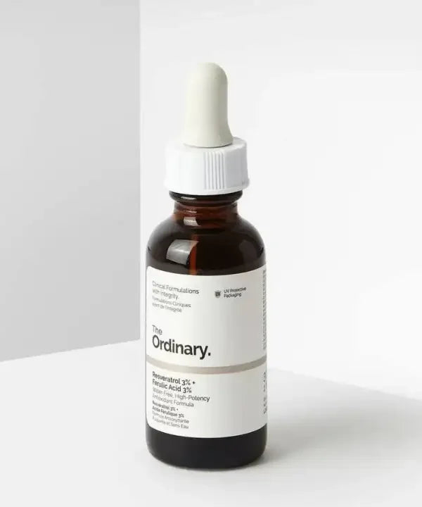 The Ordinary Resveratrol 3% Ferulic Acid 3% serum in brown dropper bottle on white background