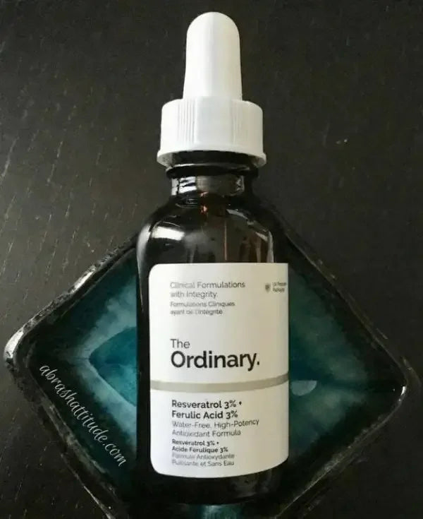 The Ordinary Resveratrol 3% Ferulic Acid 3% serum with dropper, dark glass bottle, skincare product
