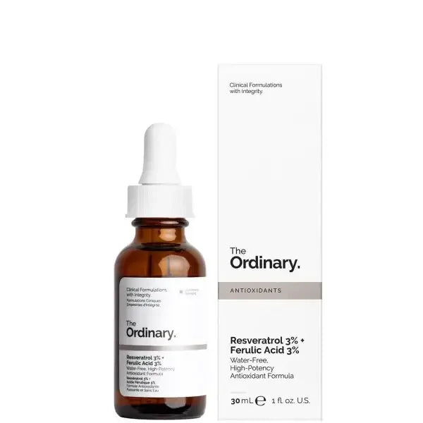 The Ordinary Resveratrol 3% Ferulic Acid 3% serum with dropper and packaging, antioxidant skincare