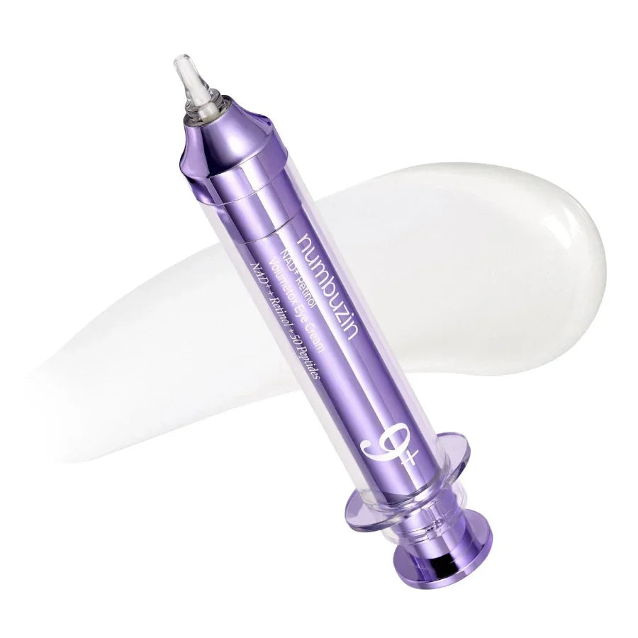 Numbuzin neuro retinol eye cream in a purple tube on white serum background, Korean skincare