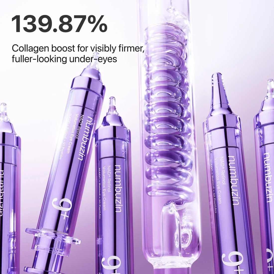 Purple numbuizin NAD+ Retinol Volumeye Eye Cream syringes and collagen ampoule for under-eyes