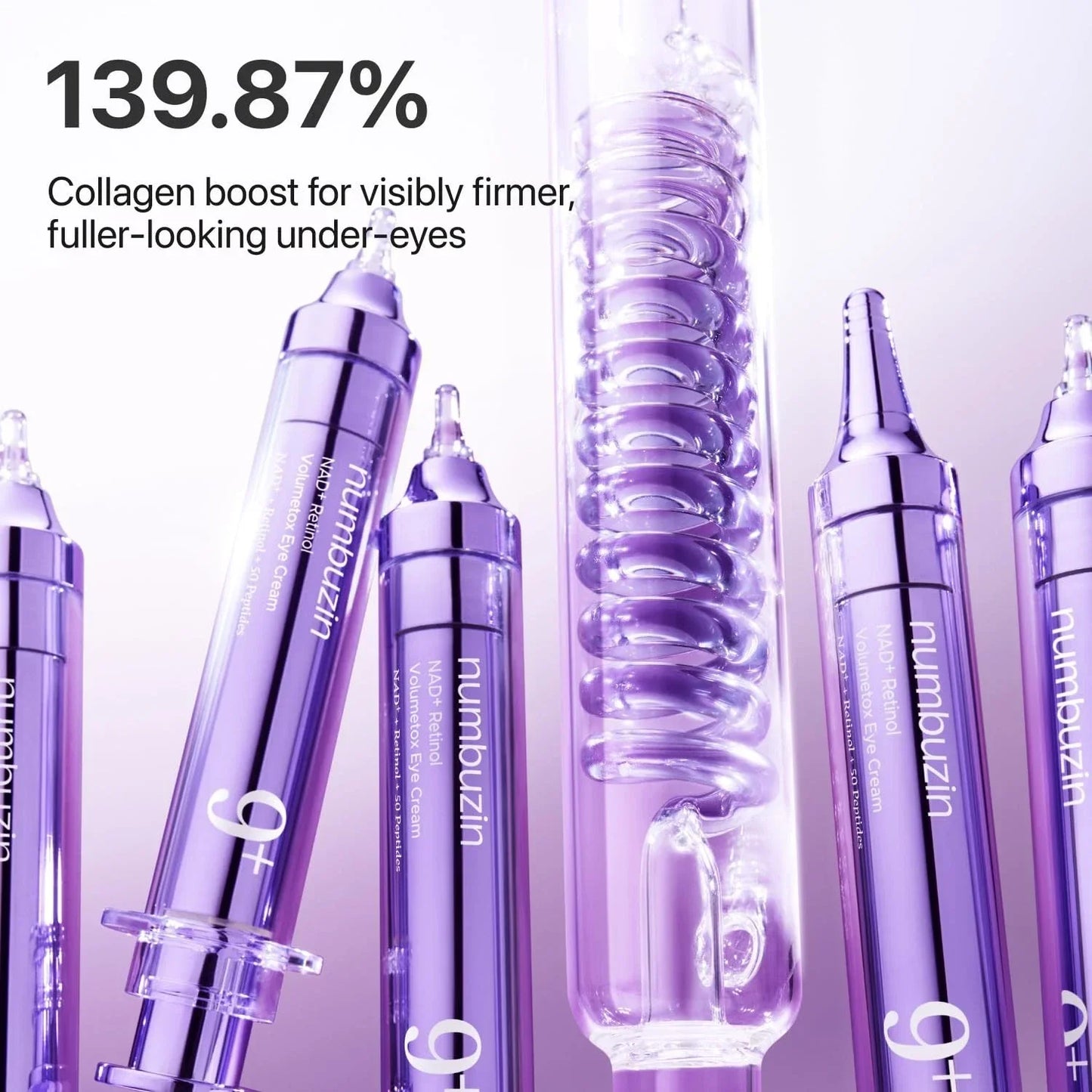 Purple numbuizin NAD+ Retinol Volumeye Eye Cream syringes and collagen ampoule for under-eyes