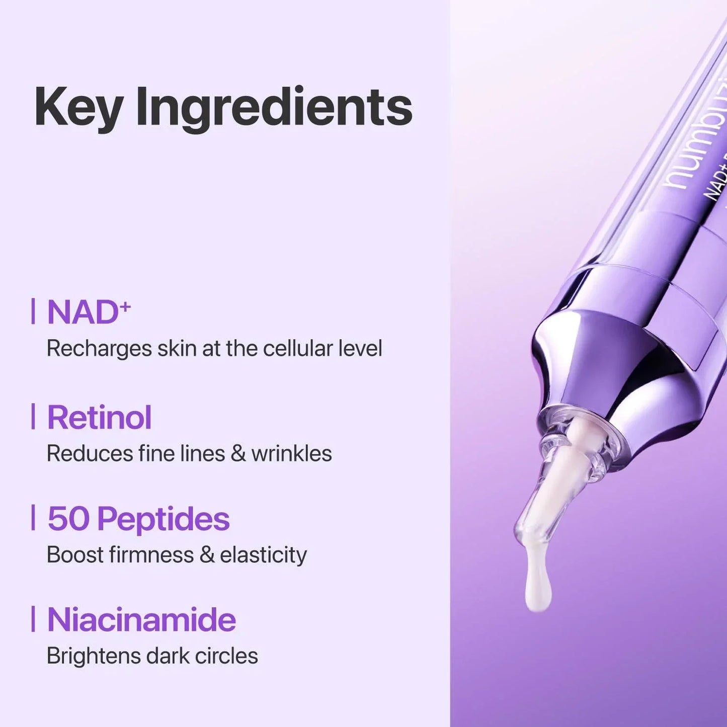 Key ingredients for eye serum listed with a close-up of a purple serum dropper bottle.